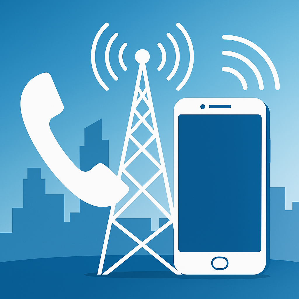 Tecnologia di telecomunicazioni con antenna, smartphone e telefono